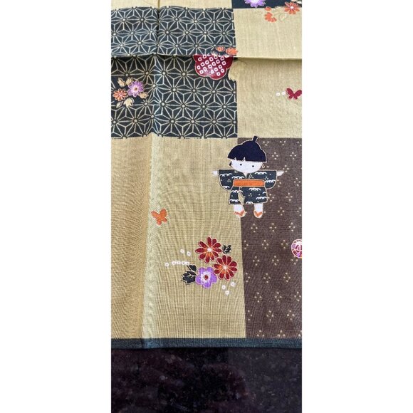 Vintage Japanese Handkerchief Little Boy & Girl Playing Butterflies And Flowers - Picture 3 of 9
